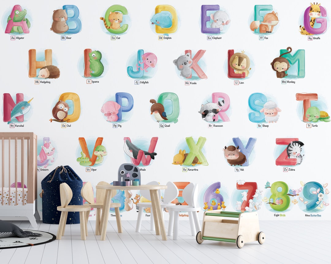 Neutral Animal Alphabet Wall Decals - Extra Large 6 Inch Alphabet Letters  for Wall - 26 English ABC Wall Stickers for Kids with Cute Watercolor