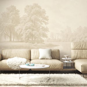 Papier peint forêt neutre | Paysage de rivière beige crème (peel and stick ou traditionnel)