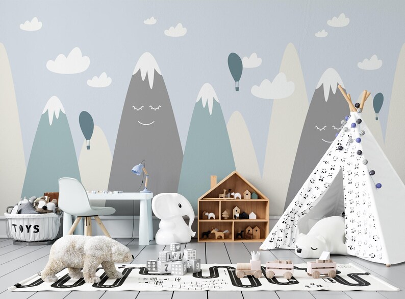 Mountain Range Nursery Wallpaper – Kids Room Mural, Hot Air Balloons ...