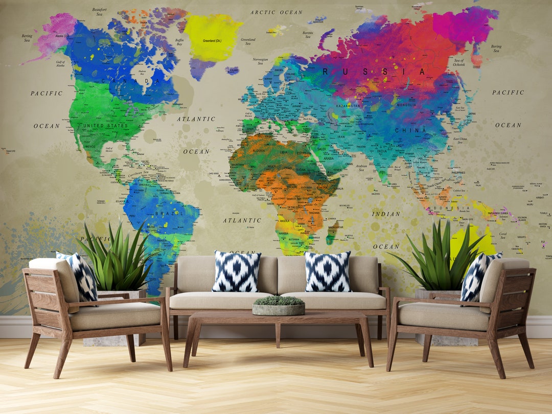 Customized Large World Map Wall Decal World Map Wallpaper World Map