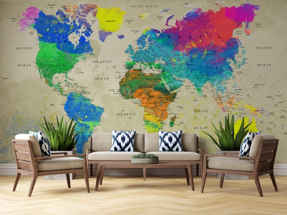 Customized Large World Map Wall Decal World Map Wallpaper World Map Mural,  Peel and Stick Wallpaper, Self Adhesive Wallpaper,kids Wallpaper 