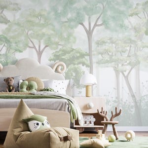 Soft Watercolor Forest Wall Mural - Misty Tree Nursery Wallpaper - Peel and Stick or Traditional - Baby Room, Calm Space, Nature Decor