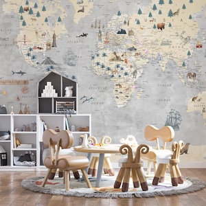 Neutrale Weltkarte Wallpaper für Kinder | Graues Tier Wandbild | Schälen und aufkleben oder traditionell | Kinderzimmer, Schlafzimmer oder Spielzimmer Dekor