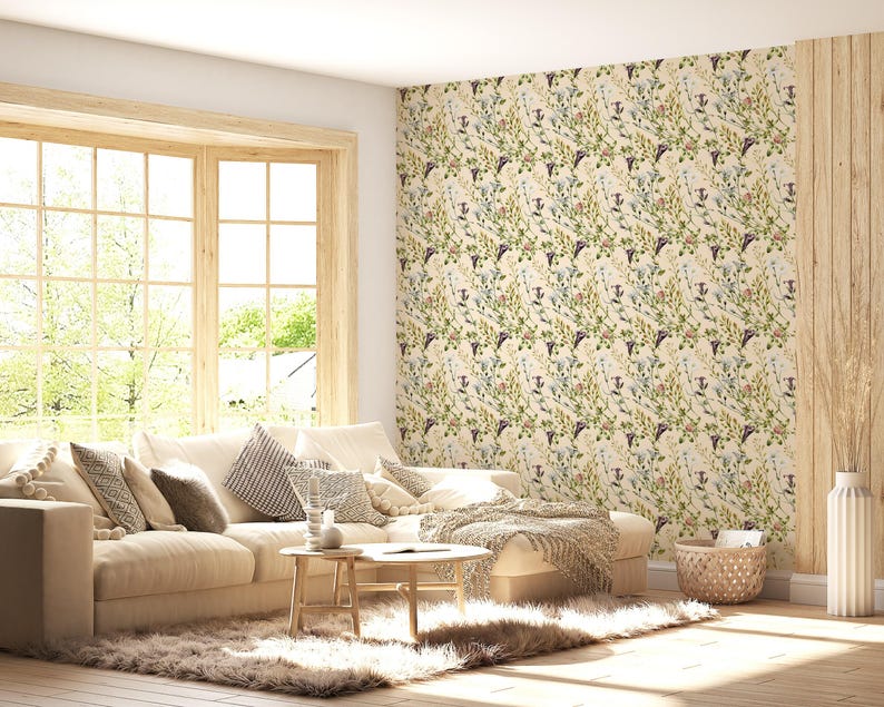 Detailed Wildflower Meadow Wallpaper Vintage Floral Botanical Peel and ...