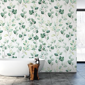 Green Eucalyptus Wall Mural | Kitchen Botanical Wallpaper | Peel and Stick or Traditional | Fresh Leaf Design for Modern Homes