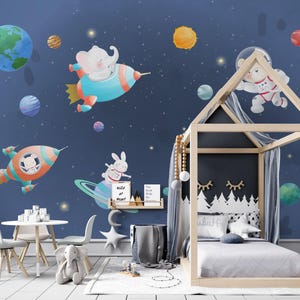 Cute Animals Space and Planets Wallpaper, Kids Room Wall Mural, Earth Sun and Stars Wallpaper,Peel and Stick,Removable Wallpaper Traditional