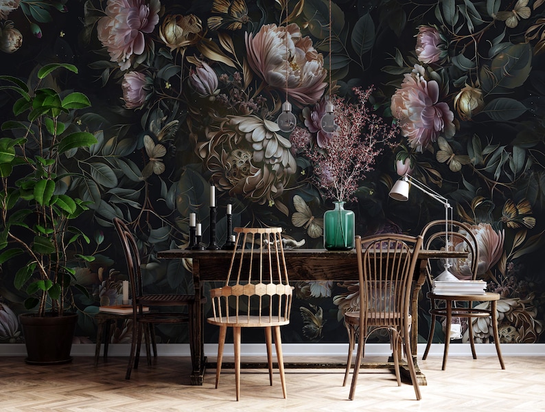 Dark Floral Peony Wallpaper Mural, Moody Vintage Botanical Art, Peel ...