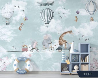 Animals in Hot Air Balloon Wallpaper, Kids Wall Mural, Removable Wallpaper