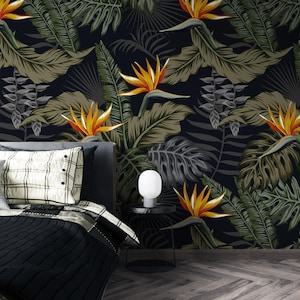 Tropical Night Wallpaper Leaf Wallpaper, Peel and Stick Wallpaper Exotic Green Leaves Dark Pattern Wall Mural