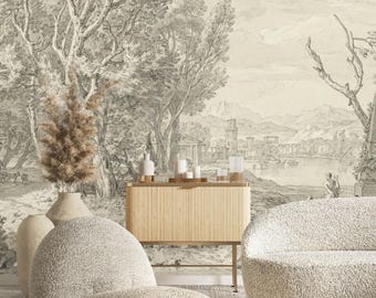 Vintage Sketch Forest Wallpaper Mural, Neutral Landscape, Peel and Stick
