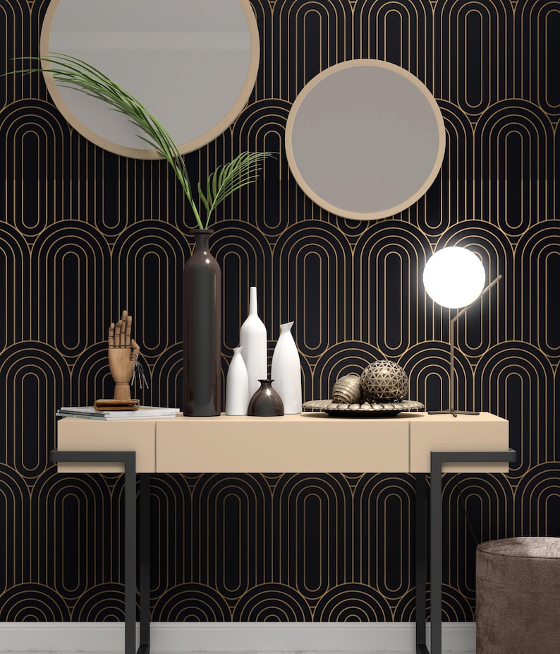 Black Gold Art Deco Wallpaper | Geometric Arch Wall Mural image 1