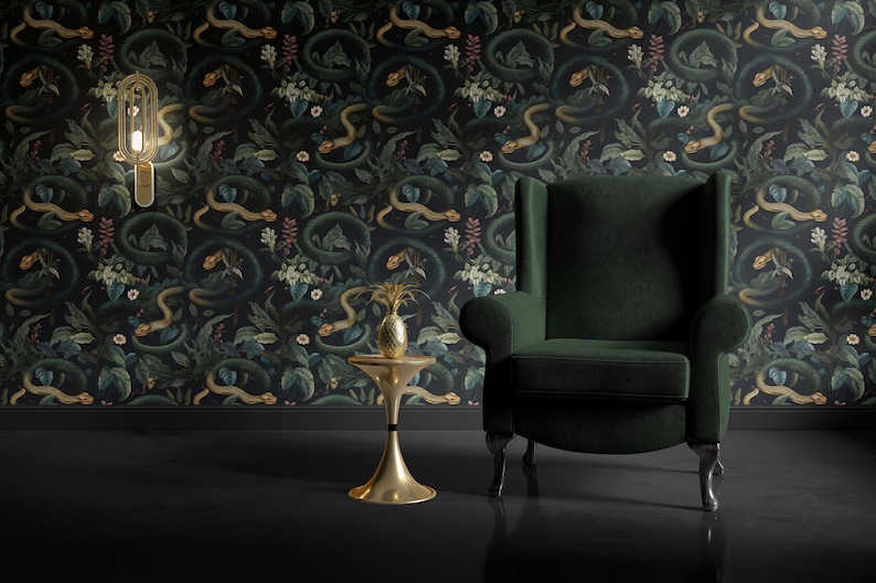 Dark Snakes Wallpaper, Dark Tropical Wallpaper, Dark Jungle Wallpaper, Vintage Dark Floral Wallpaper, Traditional Removable Wallpaper image 8