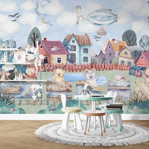 Cute Animals Village Wallpaper, Happy Animals on the Train Wallpaper, Flying Animals, Nursery Wallpaper, Peel and Stick Wallpaper