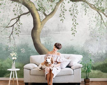 Weeping Willow Tree Mural, Sage Green Wallpaper, Peel and Stick