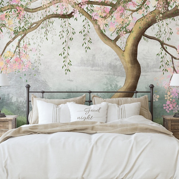 Mural de pared con árbol de sakura / Papel pintado de flores rosas, decoración tranquila