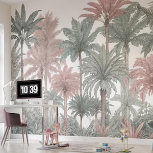 Green Pink Tropical Trees Mural Wallpaper, Forest Wallpaper, Tropical Scene Wall Print, Toddler Room Wallpaper, Temporary Traditional Print