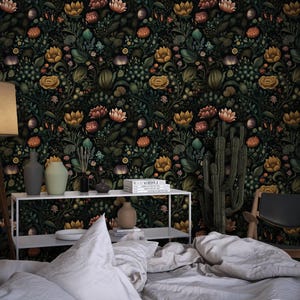 Dark Floral Wallpaper | Vintage Botanical Wall Mural | Peel and Stick ...