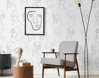Papel pintado minimalista con líneas / Mural con rostros femeninos, autoadhesivo o tradicional
