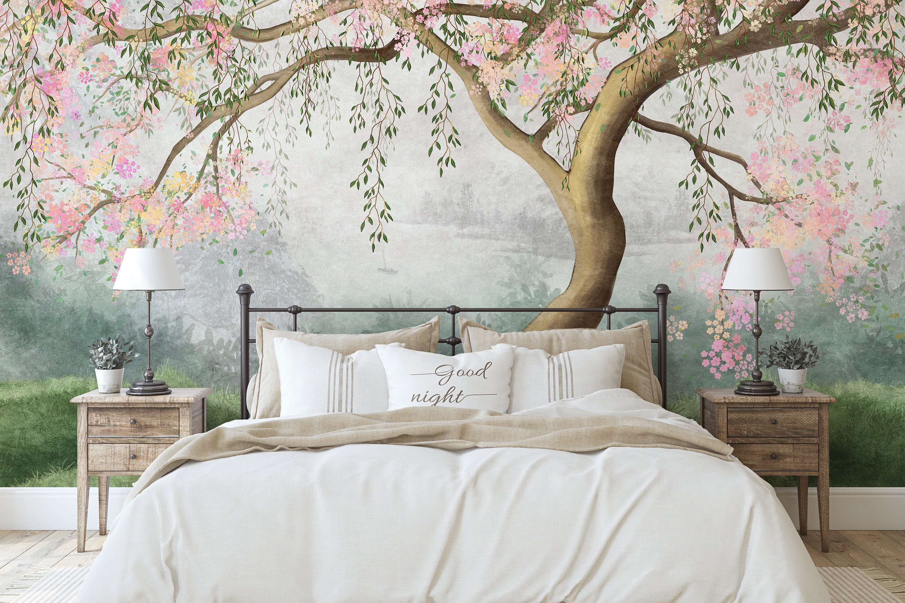 Under the Tree Wallpaper Flowering Tree With Willow Branches - Etsy Under the Tree Wallpaper Flowering Tree With Willow Branches - Etsy