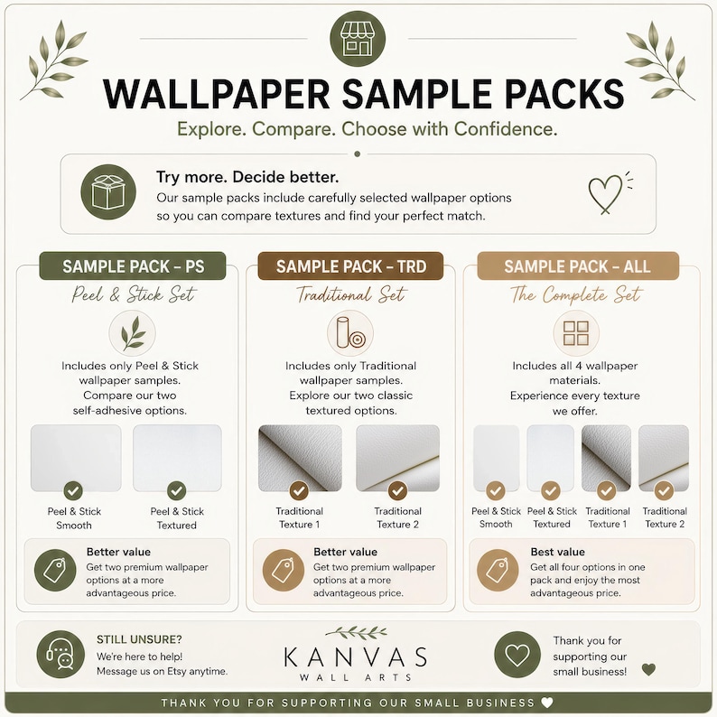 May include: An informational graphic titled WALLPAPER SAMPLE PACKS featuring three categories: Peel & Stick Set, Traditional Set, and The Complete Set. It outlines sample options with icons, text descriptions, and checkmarks for material types.