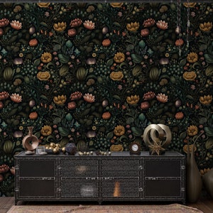 Donker vintage botanisch behang, donker bloemenbehang, vintage bloemenbehang, traditioneel verwisselbaar behang, Peel Stick Wallpaper afbeelding 6