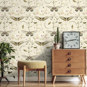 Vintage Moth Wallpaper, Peel and Stick Cottagecore Wall Mural, Botanical Floral and Moon Accent Wall, Removable Whimsical Insect Decor