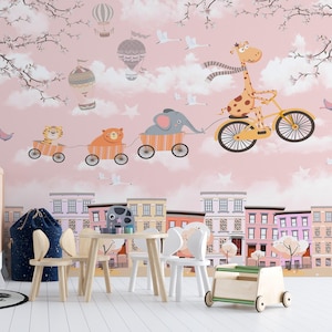 Bicycle Riding Animals Wallpaper, Peel and Stick Wallpaper, Cute Animals Wallpaper Wall Mural for Kids Room, Removable Wall Mural