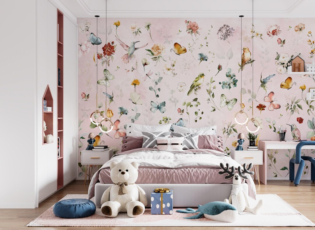 Floral Birds Butterflies Peel and Stick Wallpaper, Nursery Mural - Etsy
