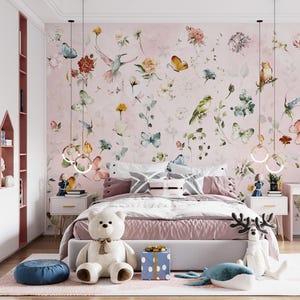 Peel and Stick Wallpaper, Colorful Birds Butterflies Flowers Wallpaper, Floral Wallpaper, Bedroom Wallpaper, Nursery Mural