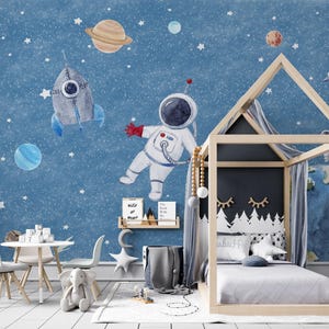 Carta da parati con astronauti e avventure spaziali / murale con galassia per cameretta dei bambini / decorazione murale tradizionale o staccabile e adesiva