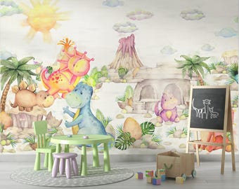 Watercolor Baby Dinosaurs Wallpaper, Kids Room Decor (Peel and Stick)