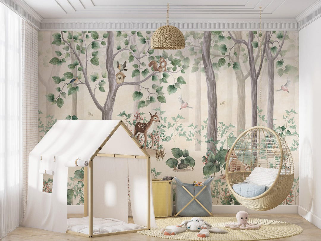 Woodland Animal Wall Mural – Forest Nursery Wallpaper, Peel and Stick ...