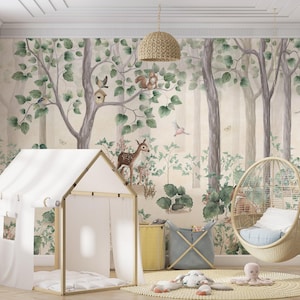 Papier peint animal de la forêt des bois - papier peint ours et cerf - autocollant ou traditionnel - chambre de bébé, salle de jeux, décoration de chambre d'enfants
