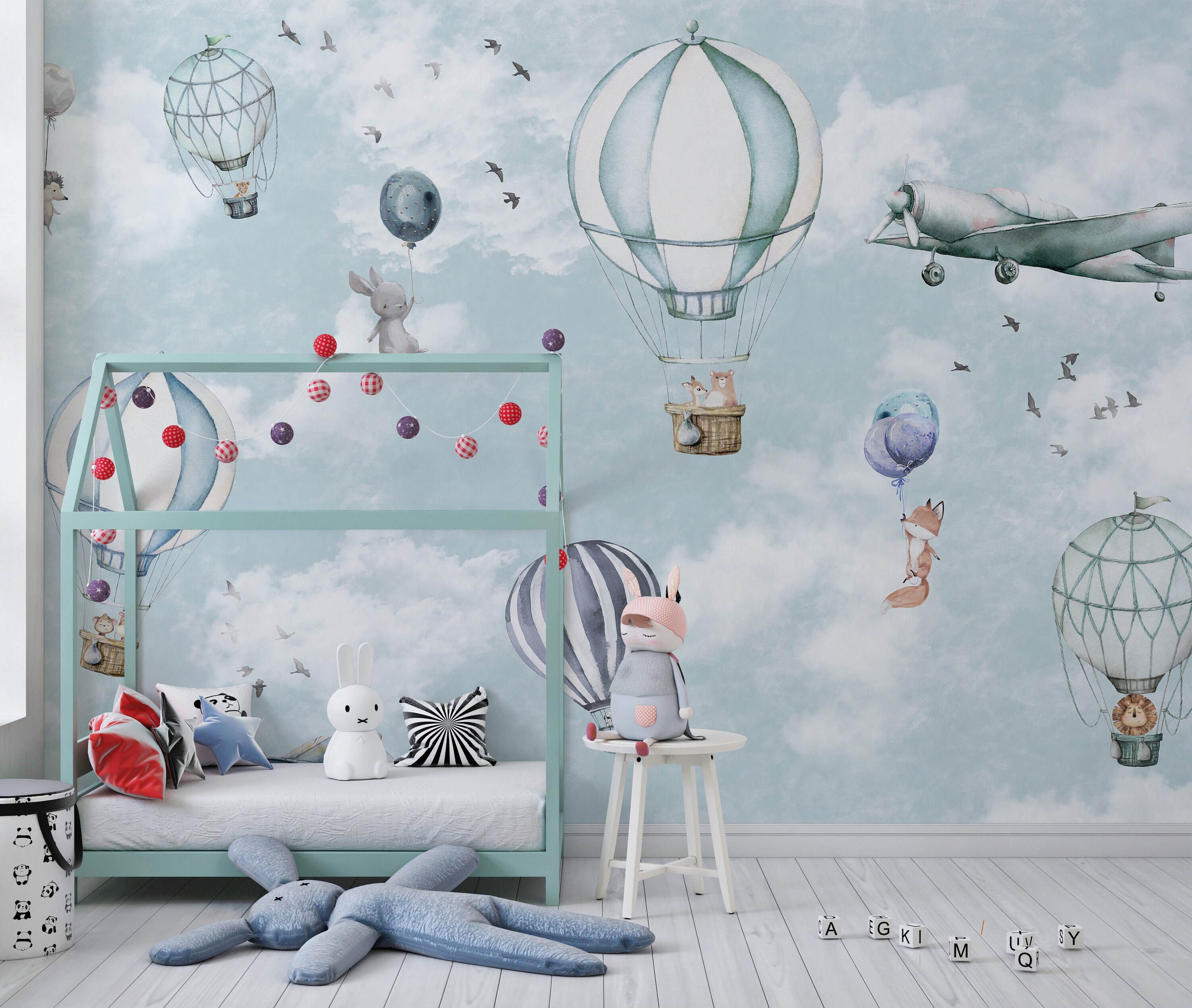 Animals in Hot Air Balloon Kids Wallpaper Cute Flying Animals Etsy