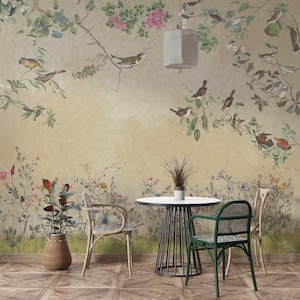 Vintage Bird Wallpaper Mural, Beige Botanical Wall Art, Chinoiserie Bedroom Decor, Peel and Stick or Traditional Removable Wallpaper