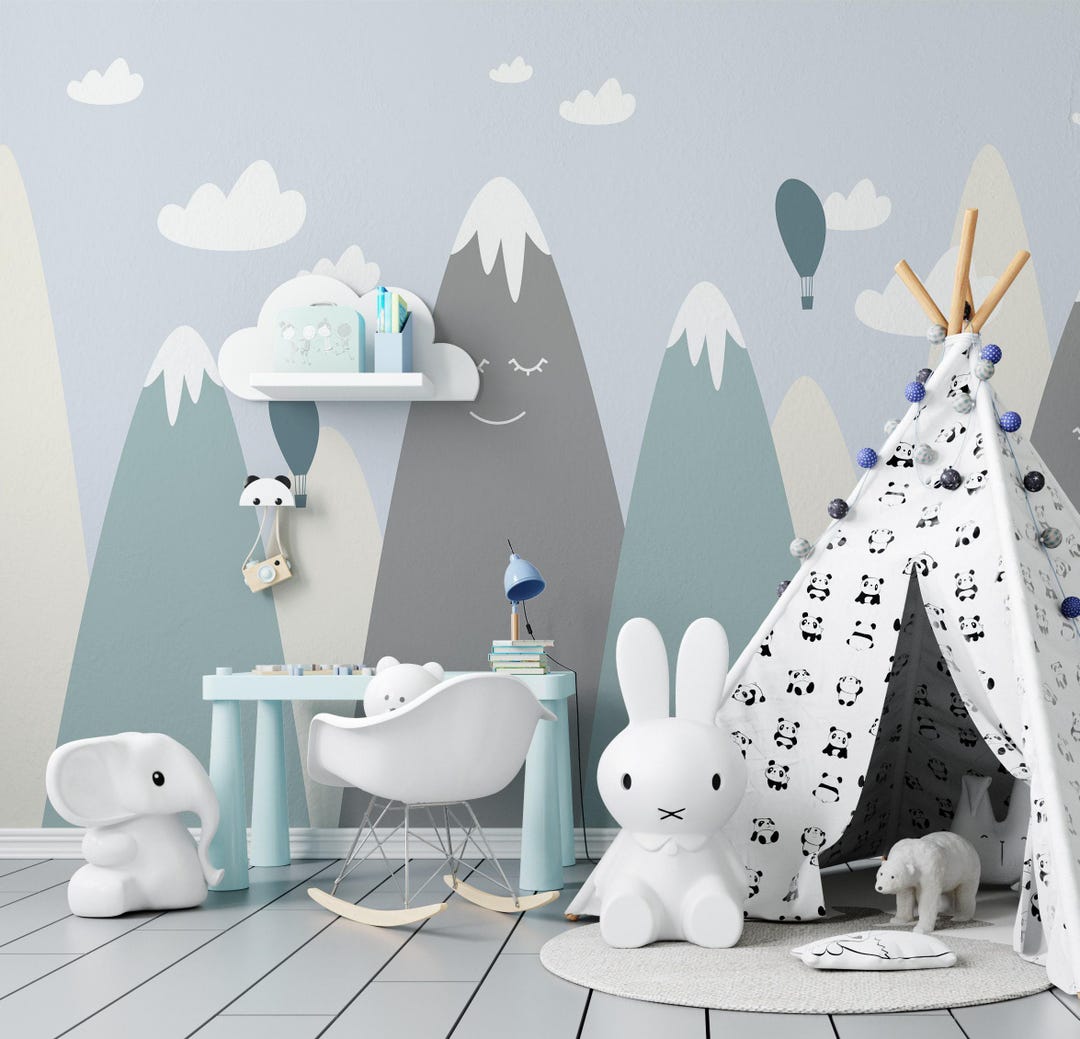 Mountain Range Nursery Wallpaper – Kids Room Mural, Hot Air Balloons ...