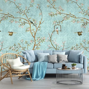 Turquoise Background Chinoiserie Peel and Stick Wallpaper, Home Decor Wallpaper Wall Mural, Vintage Background Birds Trees Floral Wallpaper image 2