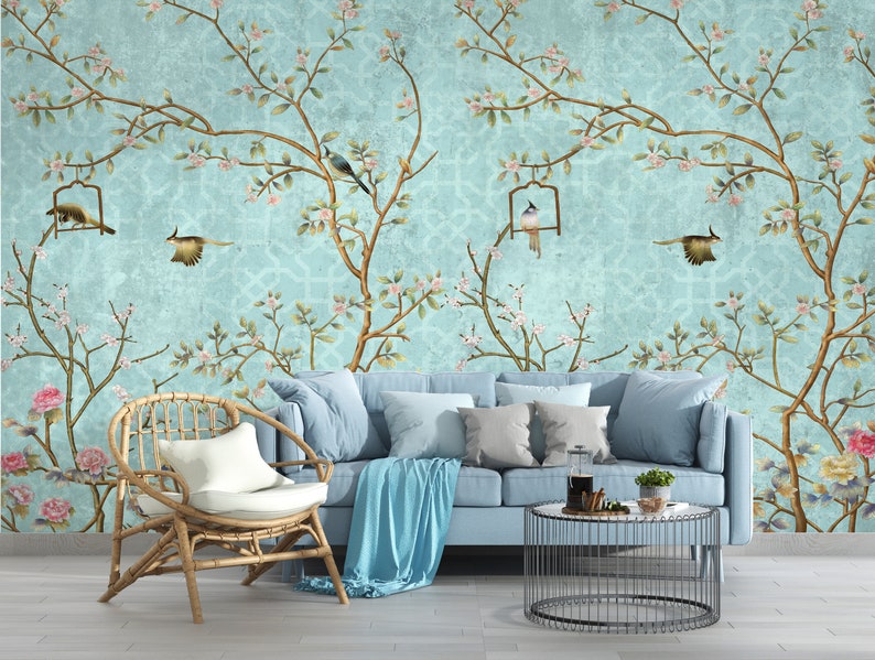 Turquoise Background Chinoiserie Peel and Stick Wallpaper, Home Decor Wallpaper Wall Mural, Vintage Background Birds Trees Floral Wallpaper image 2