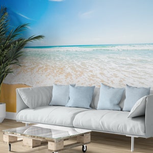 Sea Landscape Wallpaper, Beach Wallpaper, Seashore Wallpaper, Water and Sand Wall Decal, Removable Wall Mural, Peel and Stick Self Adhesive