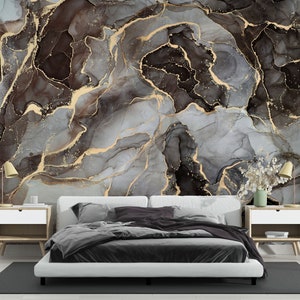 Modern Luxury Art Wallpaper, Gray Gold Bronze Marble Wallpaper, Fluid Art Painting Marble Wallpaper, Abstract Marble Wallpaper, Peel Stick image 3