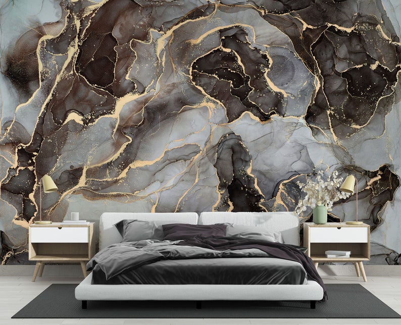 Modern Luxury Art Wallpaper, Gray Gold Bronze Marble Wallpaper, Fluid Art Painting Marble Wallpaper, Abstract Marble Wallpaper, Peel Stick image 3