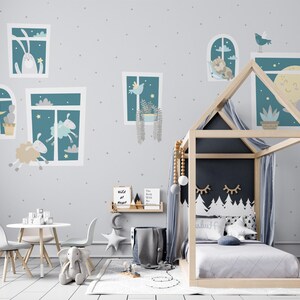 Süße schlafende Tiere Tapete, Kinderzimmer-Wand-Dekor-Kunst, Fenster-Sternennacht-Tapete schälen und aufkleben