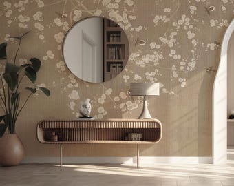 Beige Chinoiserie Mural Wallpaper, Flowers and Birds, Peel and Stick