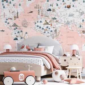 Weltkarte Wallpaper für Kinder | Tier Wandbild in Schälen und Stick oder Traditionell | Kinderzimmer oder Mädchen-Wand-Dekor