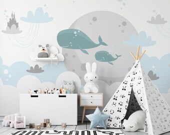 Blue Whales Nursery Wallpaper, Peel and Stick Wall Art
