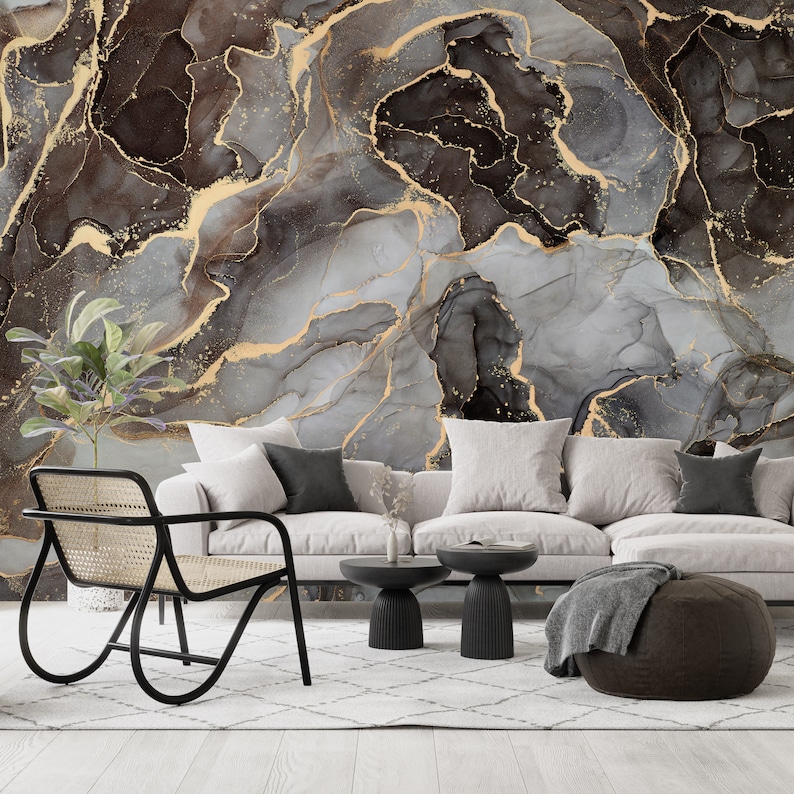 Modern Luxury Art Wallpaper, Gray Gold Bronze Marble Wallpaper, Fluid Art Painting Marble Wallpaper, Abstract Marble Wallpaper, Peel Stick image 4