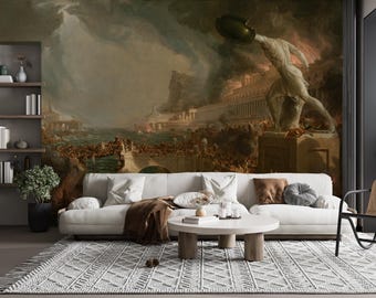Könnte beinhalten: Ein Wandbild, das eine dramatische historische Szene mit einer großen Steinstatue einer Figur mit Schild zeigt, die über eine brennende Stadt und eine mit Menschen gefüllte Brücke blickt. Das Wandbild zeigt dunkle, düstere Braun-, Grau- und Orangetöne.