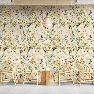 Detailed Wildflower Meadow Wallpaper Vintage Floral Botanical Peel and ...