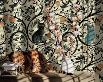 Papel de parede com gato no estilo William Morris, mural de parede adesivo de arte folclórica.