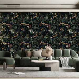 Dark Snakes Wallpaper, Dark Tropical Wallpaper, Dark Jungle Wallpaper, Vintage Dark Floral Wallpaper, Traditional Removable Wallpaper image 3